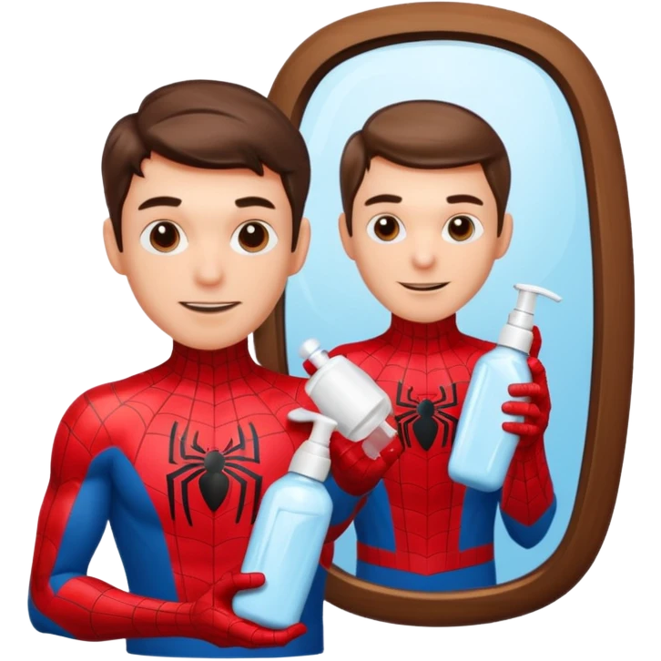 Spiderman holding a bottle of moisturizer, looking in a mirror, fun and casual emoji
