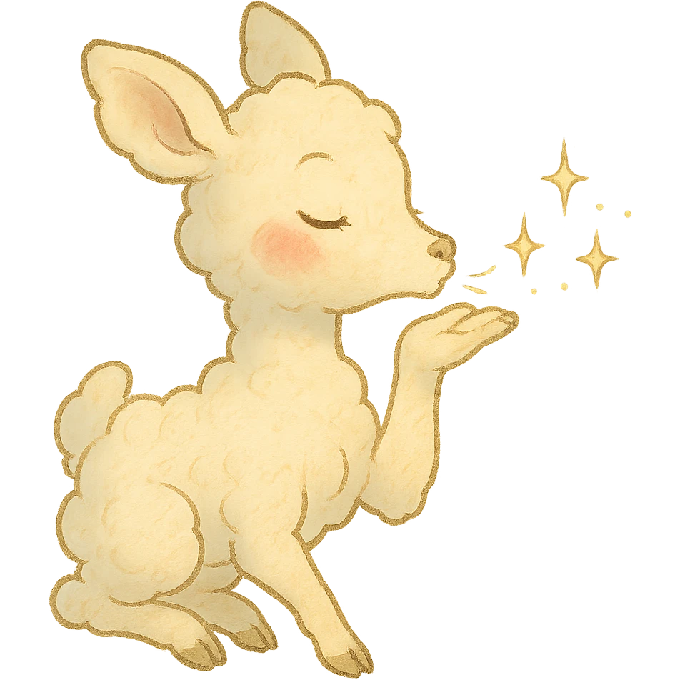 vanilla-colored cloud doe with rosy cheeks, blowing a kiss with sparkles, soft Ghibli style emoji