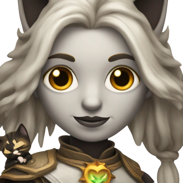 A sun warlock who is pale with brown hair and is holding a black kitten emoji