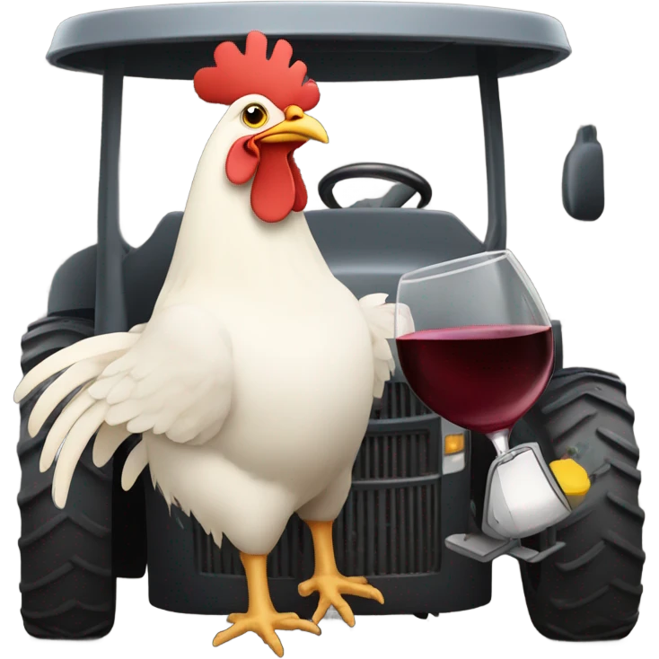 Chicken driving a tractor drinking wine emoji
