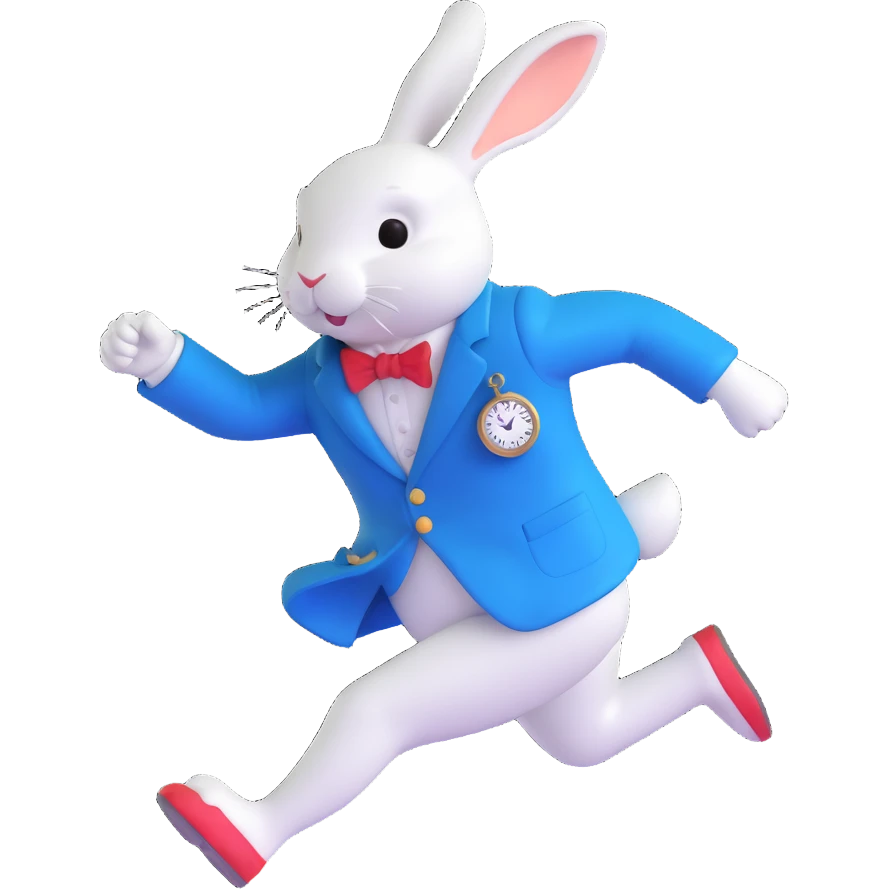 Alice in Wonderland white rabbit running with a pocket watch, wearing a blue jacket, energetic and storybook-inspired style emoji emoji