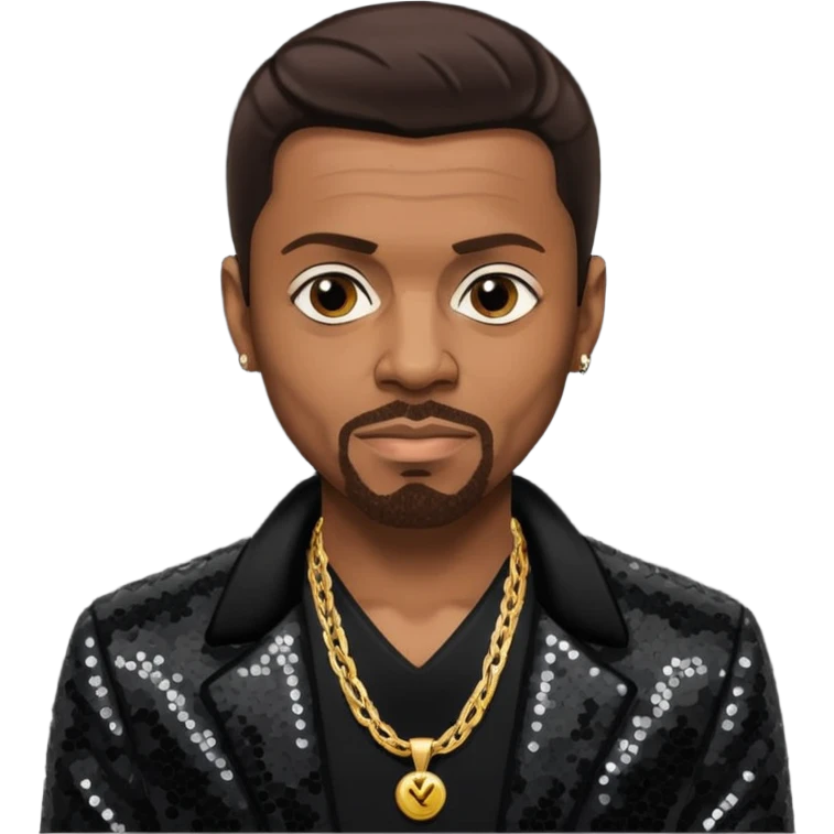 Keith Sweat (b.1961) with dark brown hair, black sequin jacket, black shirt with necklace emoji