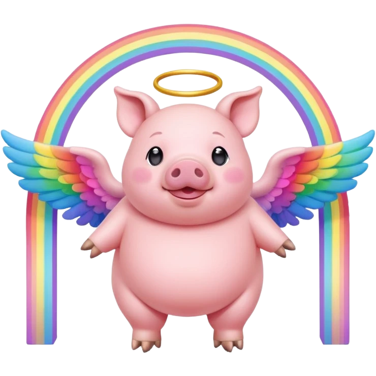 chubby pig with angel wings standing on vibrant rainbow bridge emoji