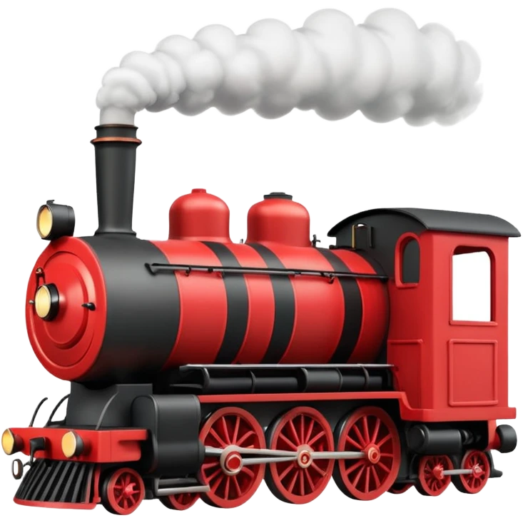 A 3D cartoon classic steam locomotive with a chimney releasing smoke, red and black body, bright sky background, Memoji-style rendering. emoji