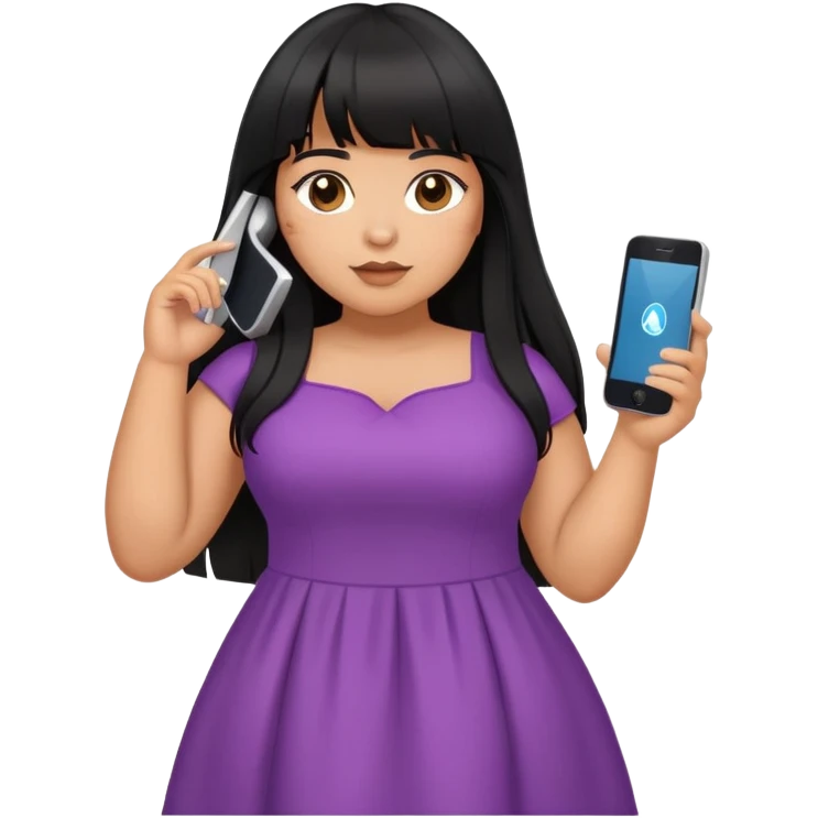 Latina girl with bangs black long hair plus size dress with iPhone emoji
