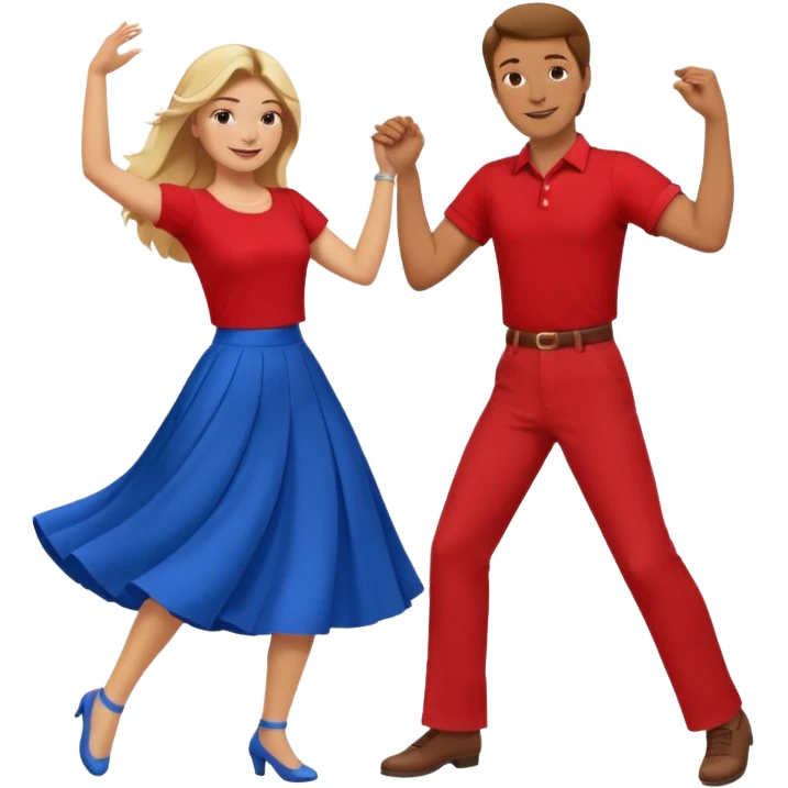 Two people dancing. Man in red shirt and  red pants with brown hair. Women in blue shirt and long skirt with blond hair. emoji