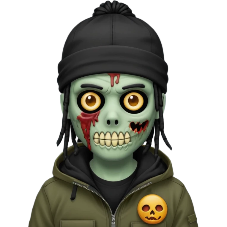 a zombie emoji with black dreads and a black carheartt jacket and black nike ski mask on his head emoji