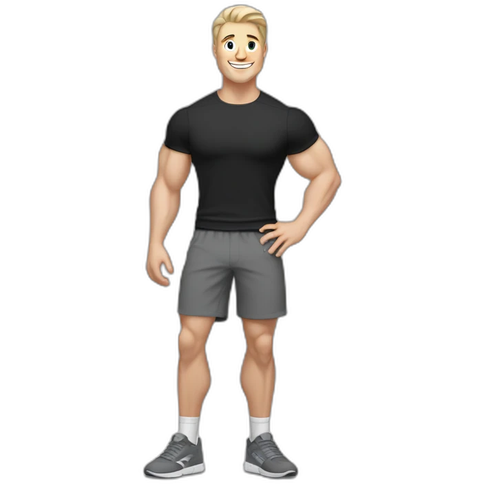 Joyful Pale skinned Fit Man With the biceps and dark brown hair in black shirt, gray sports shorts and white Sneakers emoji