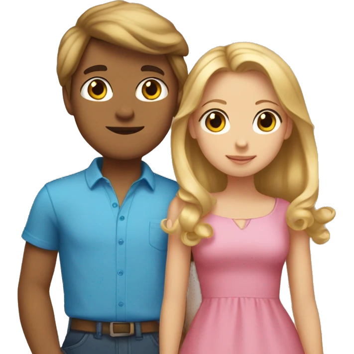 boy with blue shirt, brown hair, medium skin kissing girl with long pink dress, blonde hair, hair bow, light skin  emoji