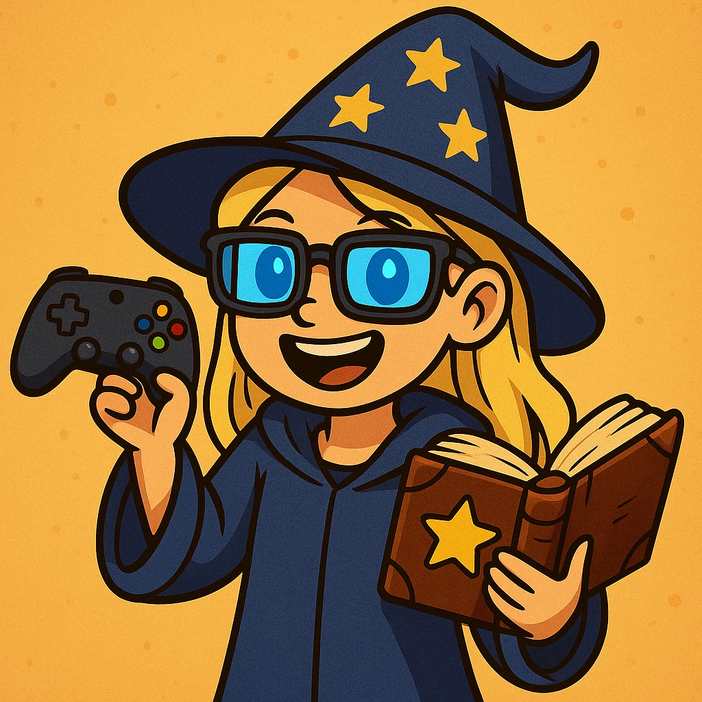 Make the girl wizard have blond hair, blue eyes, and a dark blue outfit. She is a cheerful gamer with a joystick and a spellbook, wearing a pointy hat and gaming glasses. Keep the cheerful and magical gamer theme. emoji