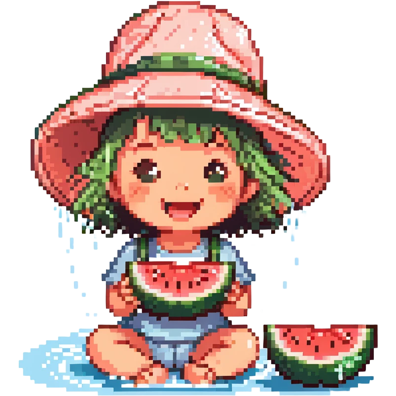 cute little kid in a sun hat joyfully eating watermelon by the riverside on a hot summer day with splashing water sparkles and refreshing breeze colorful pixel art style emoji