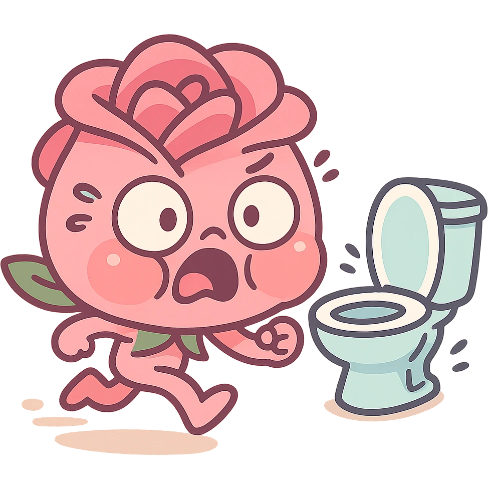 soft pink rose flower with puffed cheeks making a panicked toilet run, eyes bulging, legs dashing, pastel tones, chibi round shape, pastel-toon style emoji