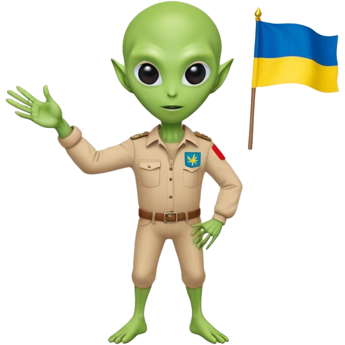 Green alien in Shirt 👚 vyshyvanka, white with red embodiary on sleeved, with 🇺🇦 Ukraine flag in a hand and 💪 emoji