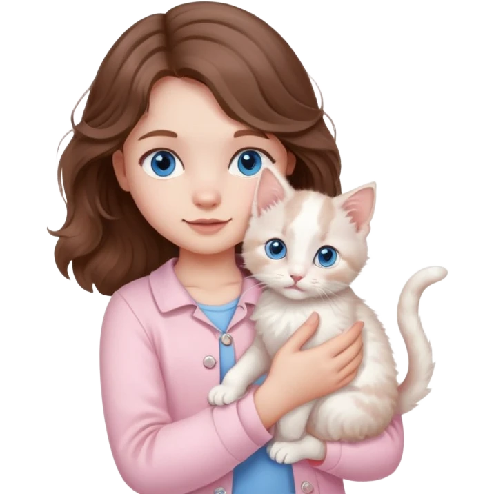 A little girl with wavy brown hair and blue eyes and pale pink clothes holds a white kitten emoji