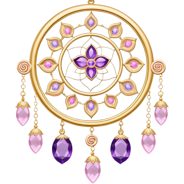 Epic beautiful gorgeous cute gold dream-suncatcher, threads with shiny sparkly amethyst and rose-quartz gemstones, flowers, crescents-moons emoji