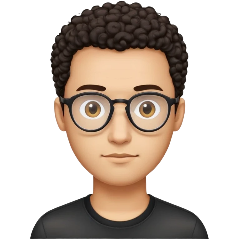 Man with small oval face and big forehead, aviator-style glasses, very short dark curly hair with skin fade (no hair on sides), neutral-friendly expression, light brown skin, wearing a black shirt emoji