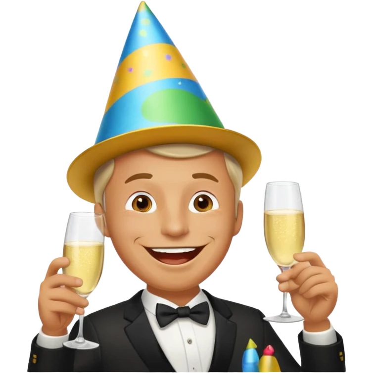 A happy man in party clothes laughs while drinking champagne straight from the glass. emoji