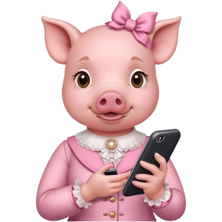 girl pig in victorian pink finery scrolling on a cell phone emoji