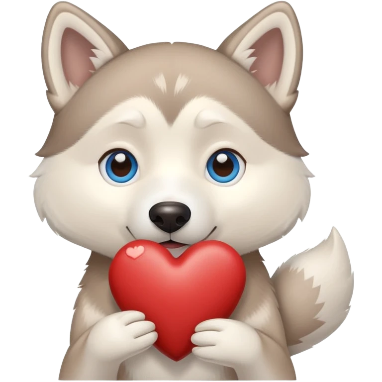 Beige husky with blue eyes holding a brown heart emoji