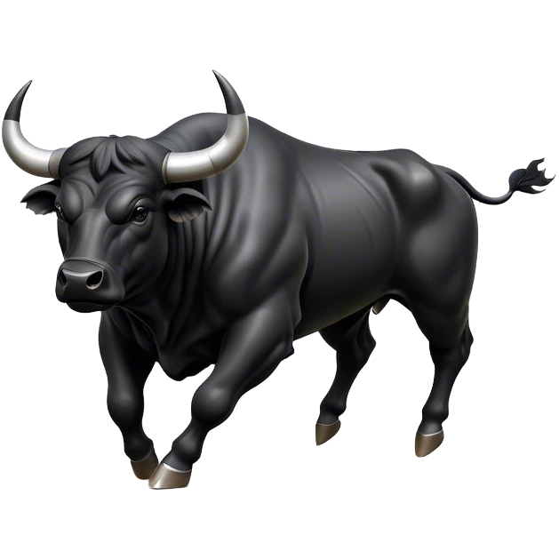 ​Cinematic Realistic Black Charging Bull, depicted in mid-charge with a powerful, muscular form and glossy black hide glistening under dynamic dramatic lighting, dust and motion captured mid-air to exude raw strength and unbridled energy on an expansive arena, emoji
