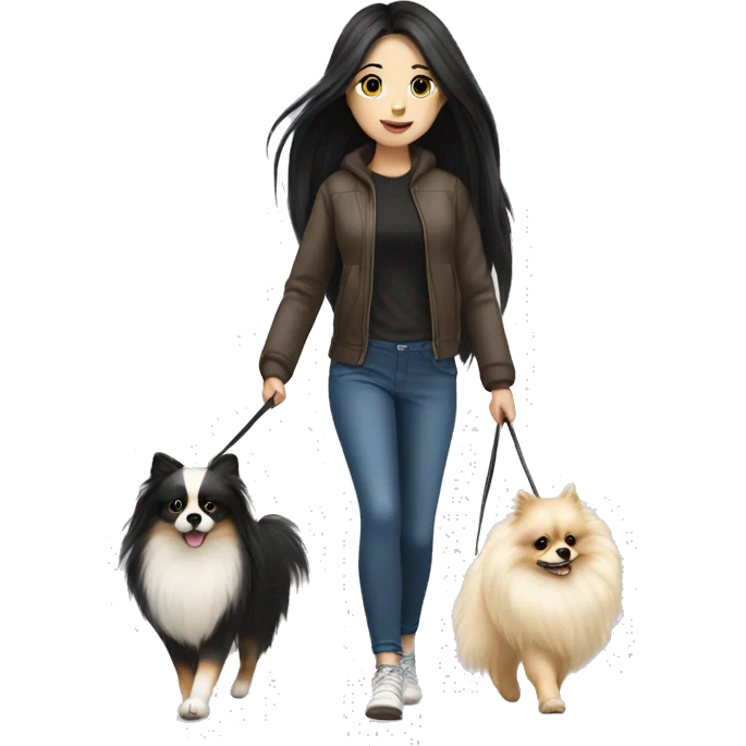 pale girl with long black hair walking with pomeranian emoji
