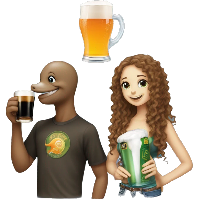 Male dolphin drinking a pint of guiness sat next to a girl dolphin with long curly hair drinking a j2o both surrounded by lots of the word “or” emoji