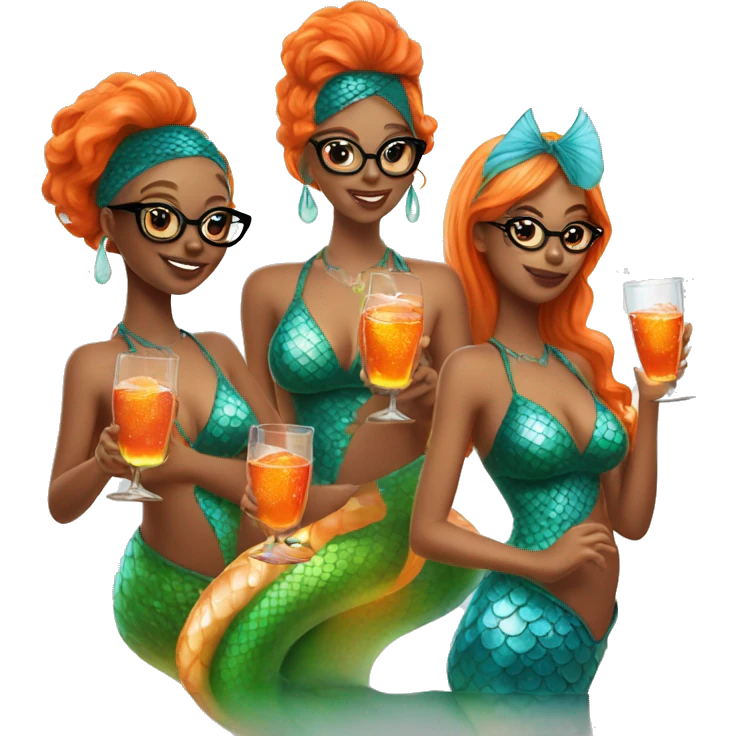 Three beautiful mermaids with glasses and drinking aperol emoji