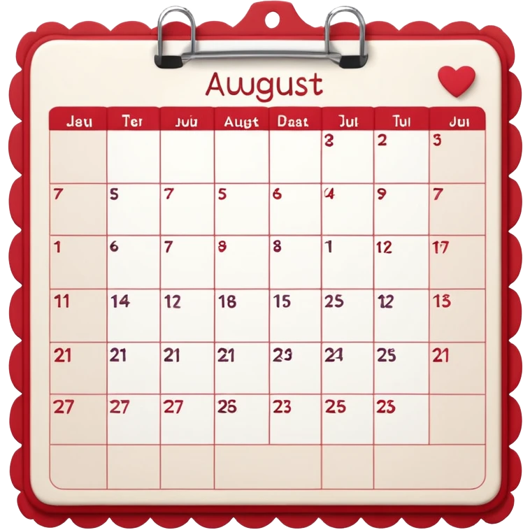 a monthly calendar labeled “August,” with rounded square date boxes, scalloped border frame, playful red doodle lines, and a cozy planner vibe. Minimal kawaii style, flat pastel color palette, slightly imperfect sketch lines, centered object, no background emoji