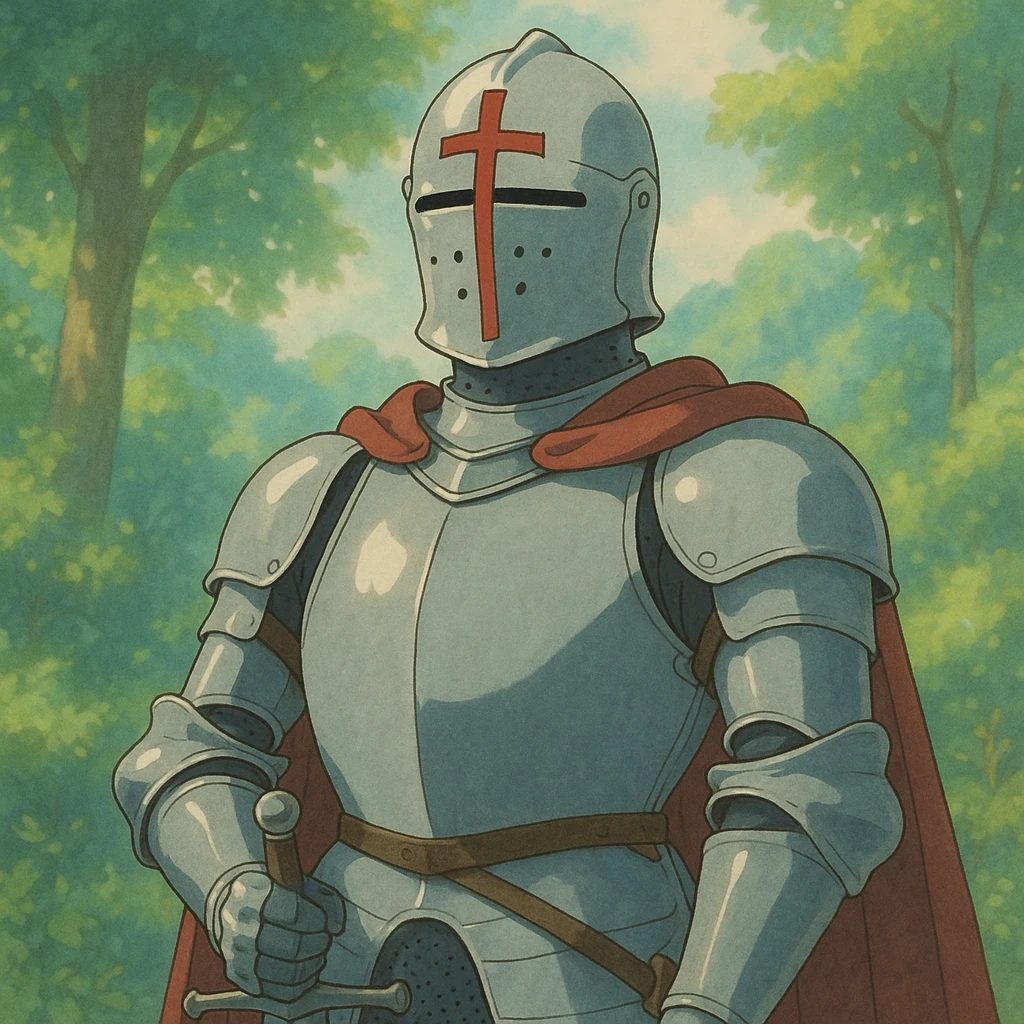 Christian knight in shining armor, helmet with a cross, standing tall, ghibli style emoji