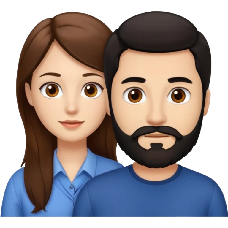 Una mujer con pelo castaño y ojos marrones y un hombre con pelo negro y barba emoji