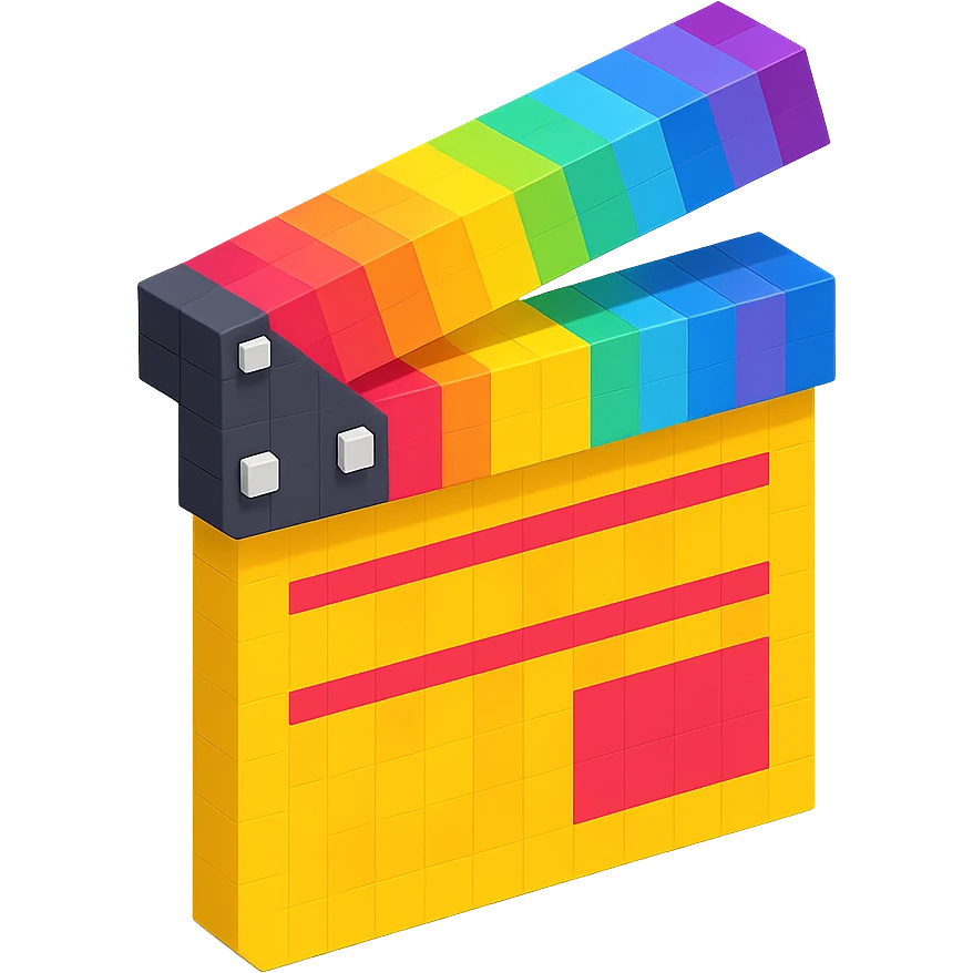 voxel style movie clapperboard with rainbow stripes, isometric view emoji