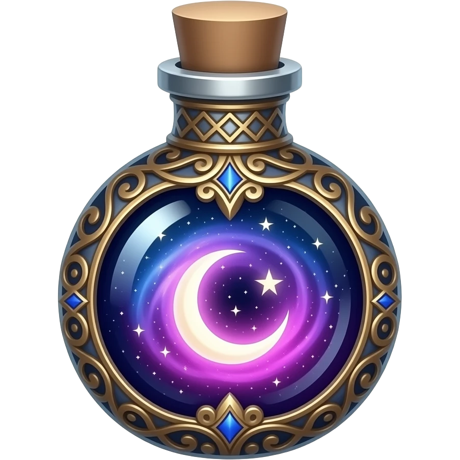 ornate glass vial with metallic filigree, swirling cosmic nebula inside, glowing purple‑pink‑blue light, crescent moon and tiny stars suspended in liquid, ethereal magical atmosphere emoji