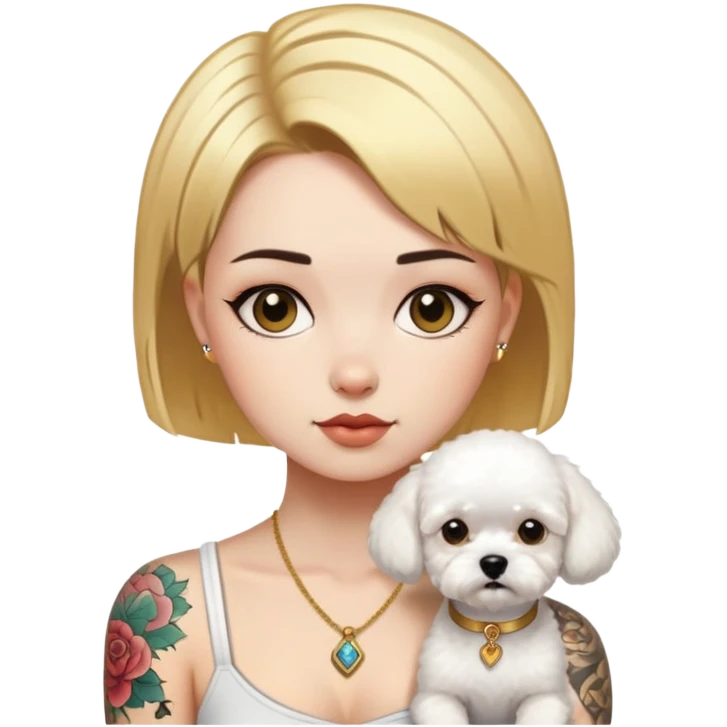 a  girl with glod  straight short hair and tattoos and a Bishon frise emoji