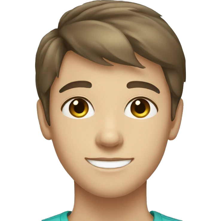 Brown hair teen boy with medium short hair, blue-greenish eyes smiling emoji