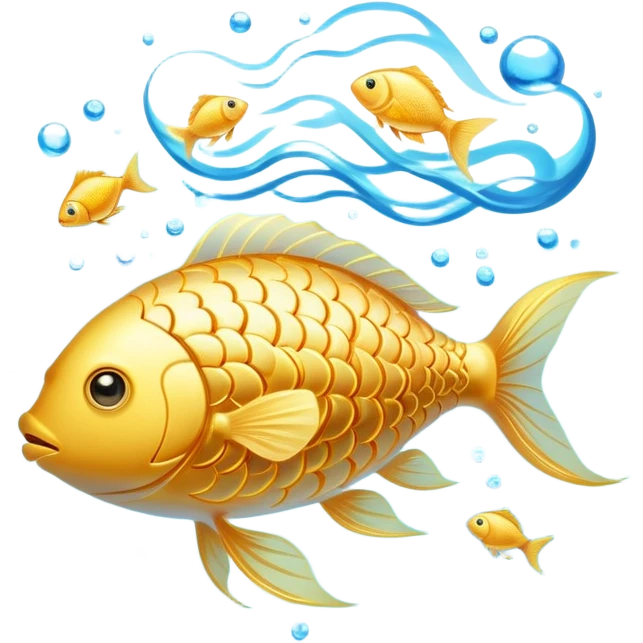 Ethereal golden fish swimming around a glowing brain, with omega-3 capsules floating between them. Flowing streams of luminous energy connect the fish, brain and omega symbol, all radiating with a soft golden light in a dreamy blue aura. emoji