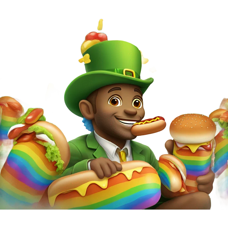 leprechaun on a rainbow eating hotdogs emoji
