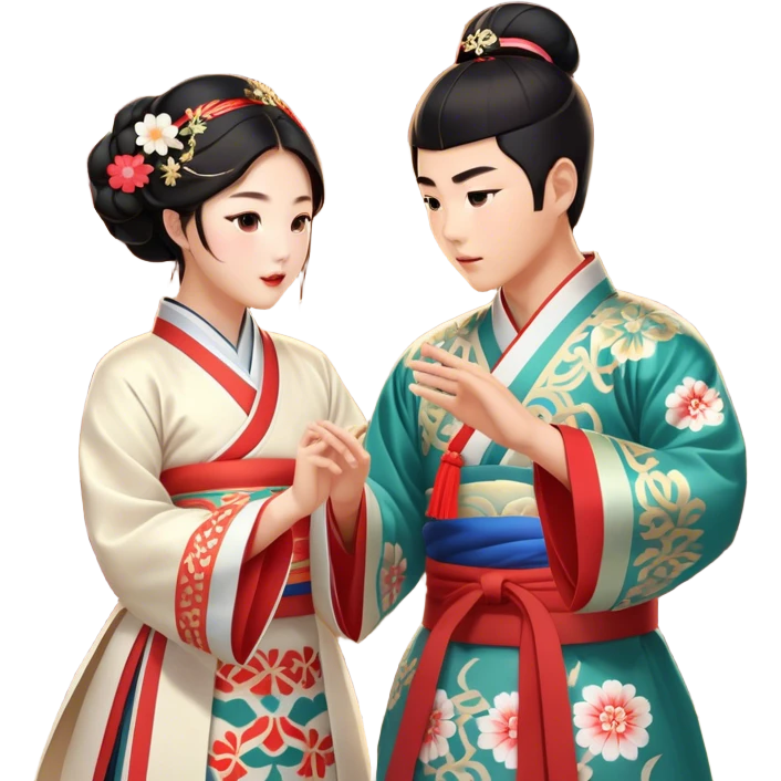 Cinematic Realistic scene of two performers engaging in Ganggangsullae, dressed in traditional Korean costumes with intricate patterns and graceful movements, illuminated by soft, festive lighting that accentuates the cultural ambiance emoji
