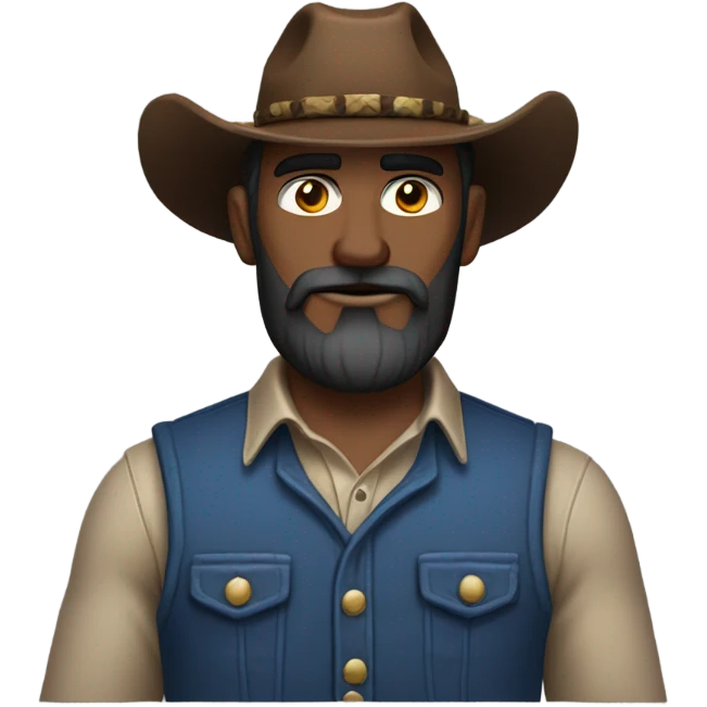 a rugged cowboy with a thick beard, wearing a blue vest over a classic western shirt. He should have a confident stance, showing full torso emoji
