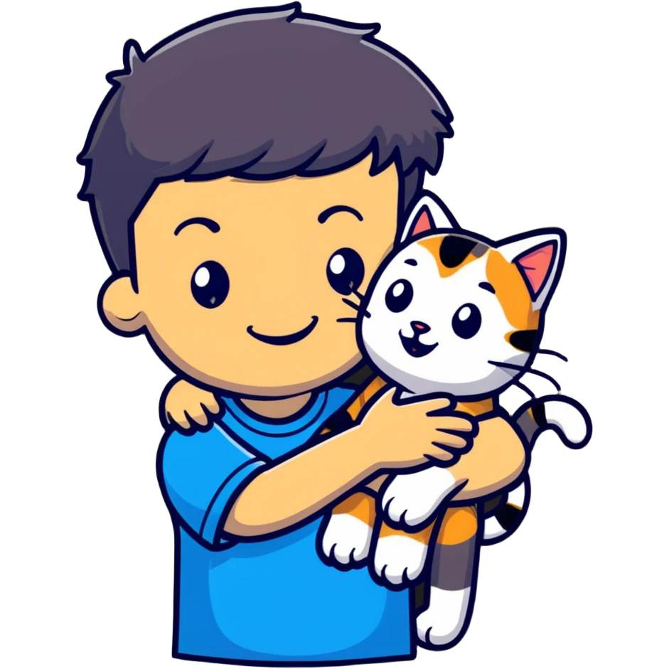 A smiling boy hugging a friendly tabby cat emoji