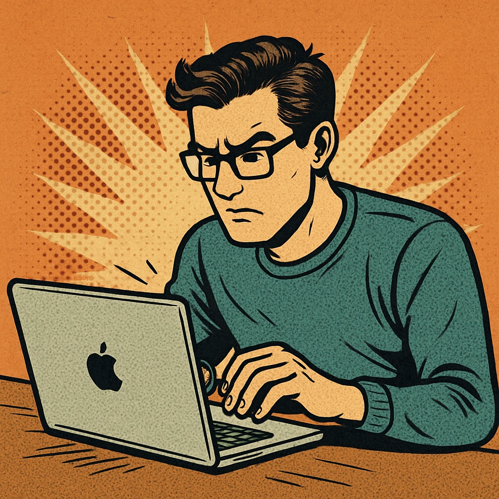 a person coding at a MacBook, retro comic book cartoon style, halftone shading emoji