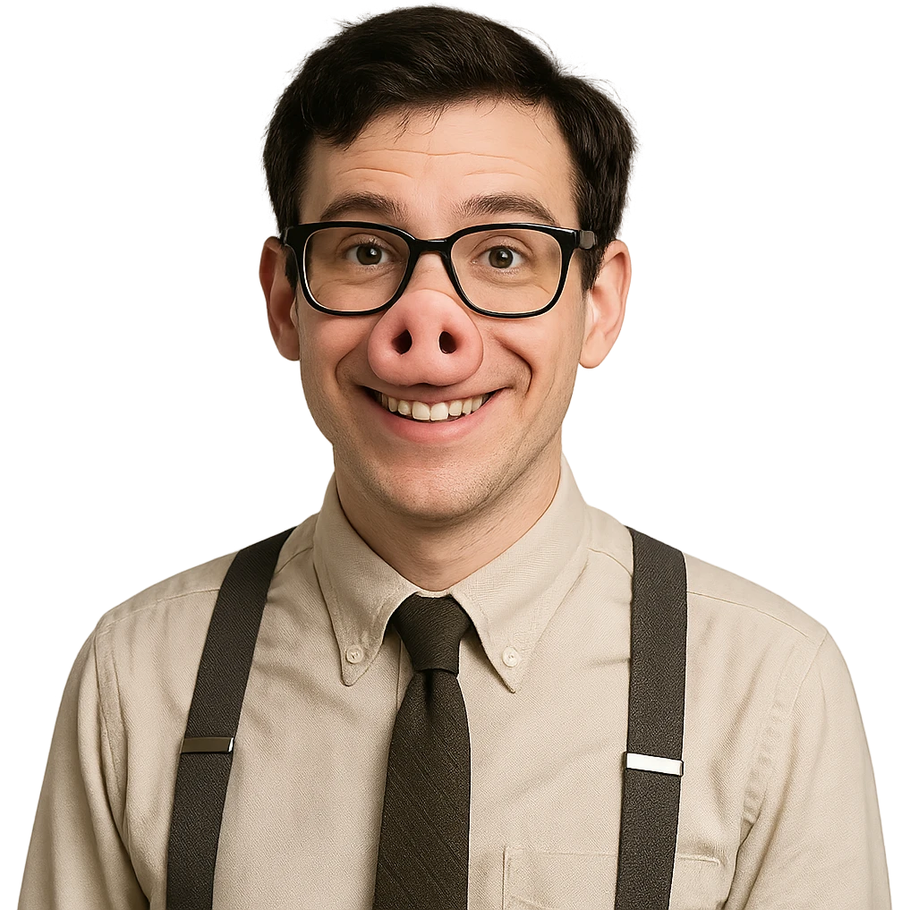 a nerdy person with a pig's snout, wearing suspenders and big glasses emoji