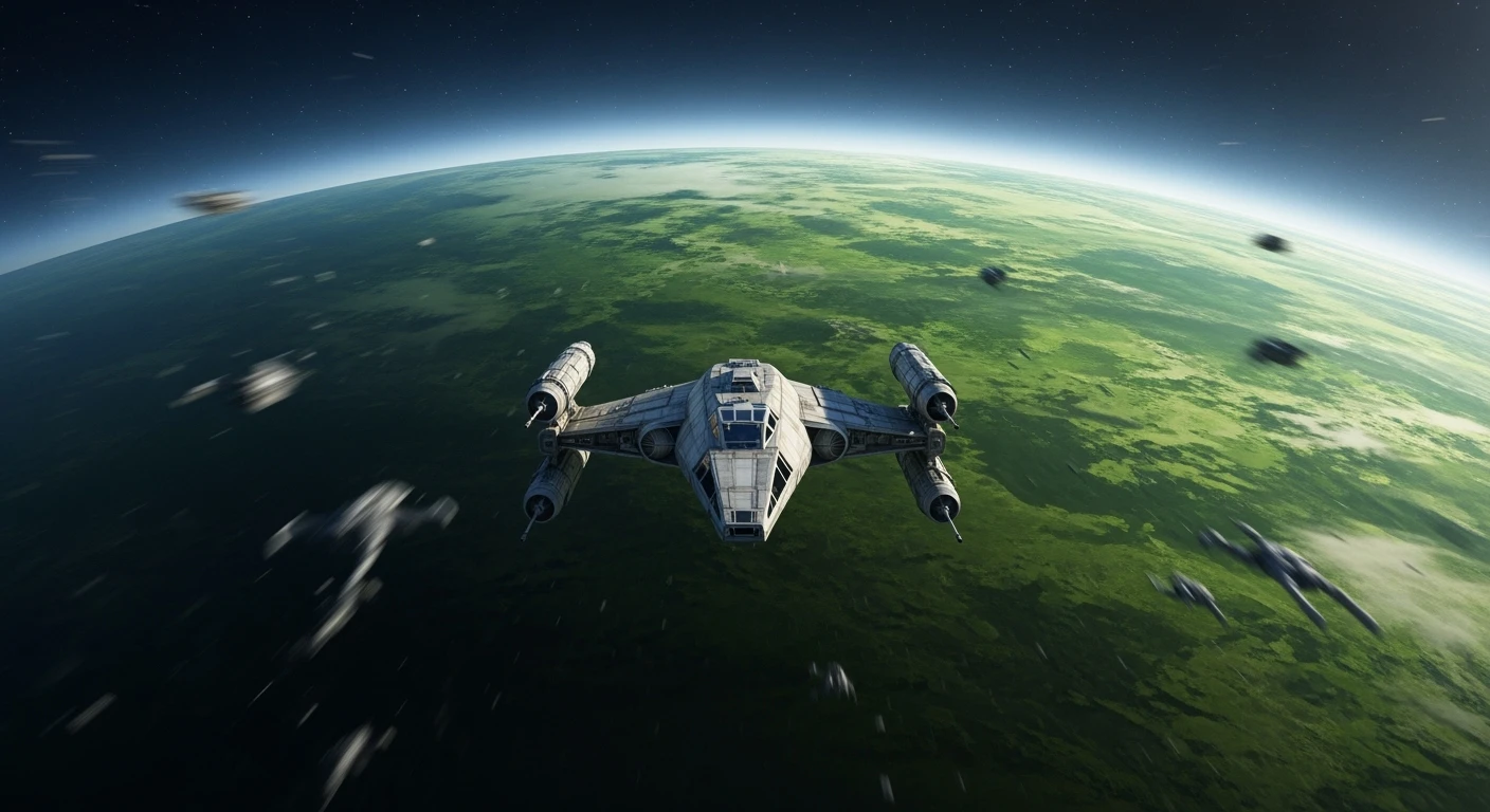 cinematic still, motion blur shutter speed, establishing shot, shot from top, entire globe green planet,  starship coming to planet, inspired by StarWars movie, captured by arri alexa  emoji