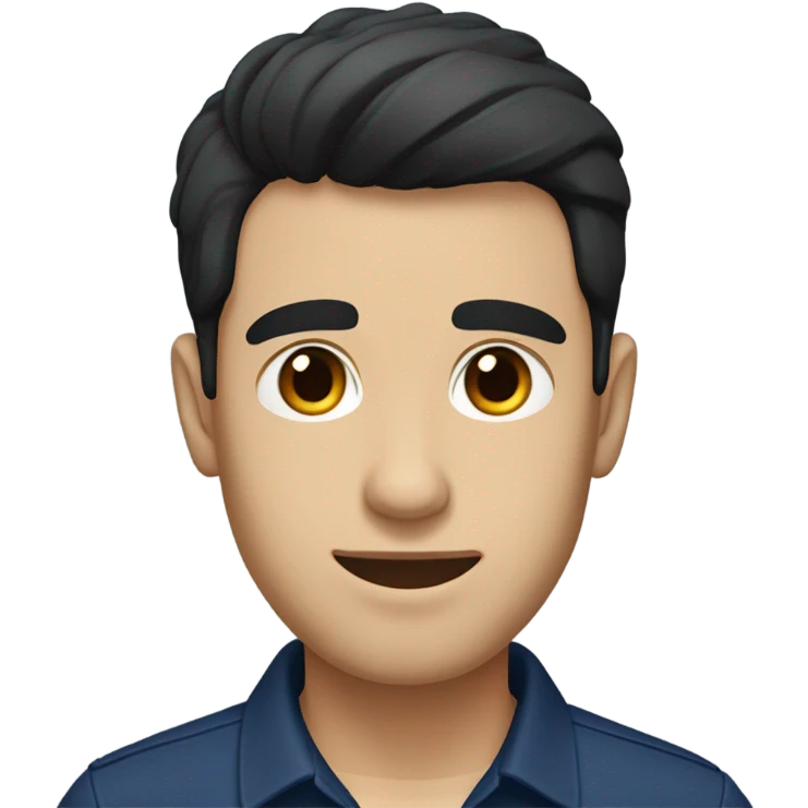 Guy with a navy blue shirt, black straight hair down in front of his forehead and brown eyes emoji