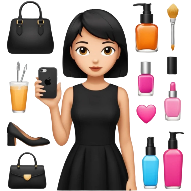 black short hair tanned woman, black dress girly things emoji