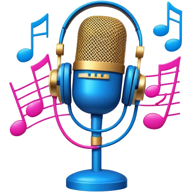 Create a vibrant and energetic emoji that represents pop or stage vocal performance. The design should feature a microphone, a set of musical notes, and a spotlight or stage lighting to symbolize the performance aspect of pop singing. Add elements like studio headphones, a music mixer, or a soundboard to reflect the modern, studio-based nature of pop vocal performance. Use bright colors like neon pink, electric blue, and gold to convey energy, creativity, and the glamour of the stage. The background should be transparent. emoji
