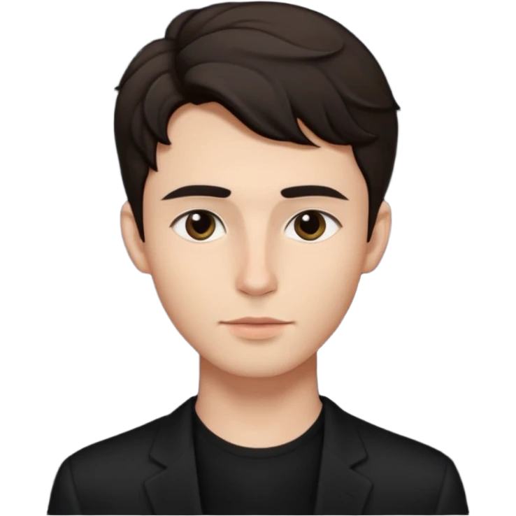 Minimalist emoji of a slender young man doing pilates, smooth rounded face, high cheekbones, almond eyes with dark brows, small button nose, soft lips, defined jawline, tousled dark wavy medium hair, boyish beauty, cute and expressive, flat colors, simple shading. Black accent outfit. emoji