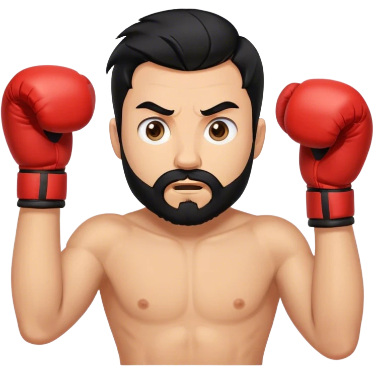 Dizzy fighter emoji, boxing gloves, swirling eyes, trimmed beard, medium-length black hair, short sides, hair forward, simple style. emoji