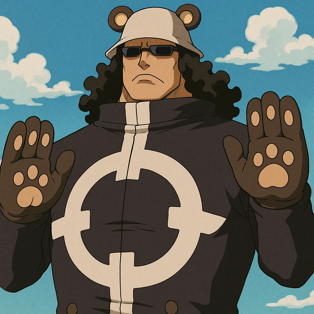 Bartholomew Kuma from One Piece, large imposing figure, bear ears hat, sunglasses, paw pads on hands, serious expression, anime style emoji