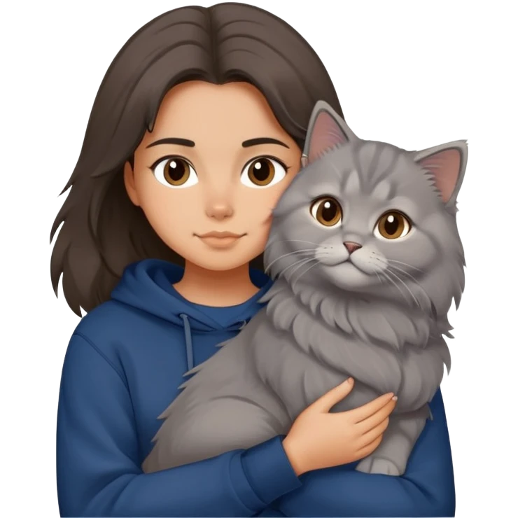 Brunette girl with dark blue sweatshirt snuggling a fluffy grey Siberian cat, cute cartoon style emoji
