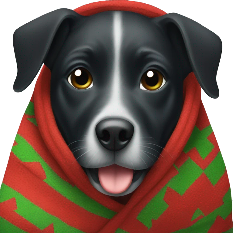 Black dog wrapped in Christmas blanket emoji